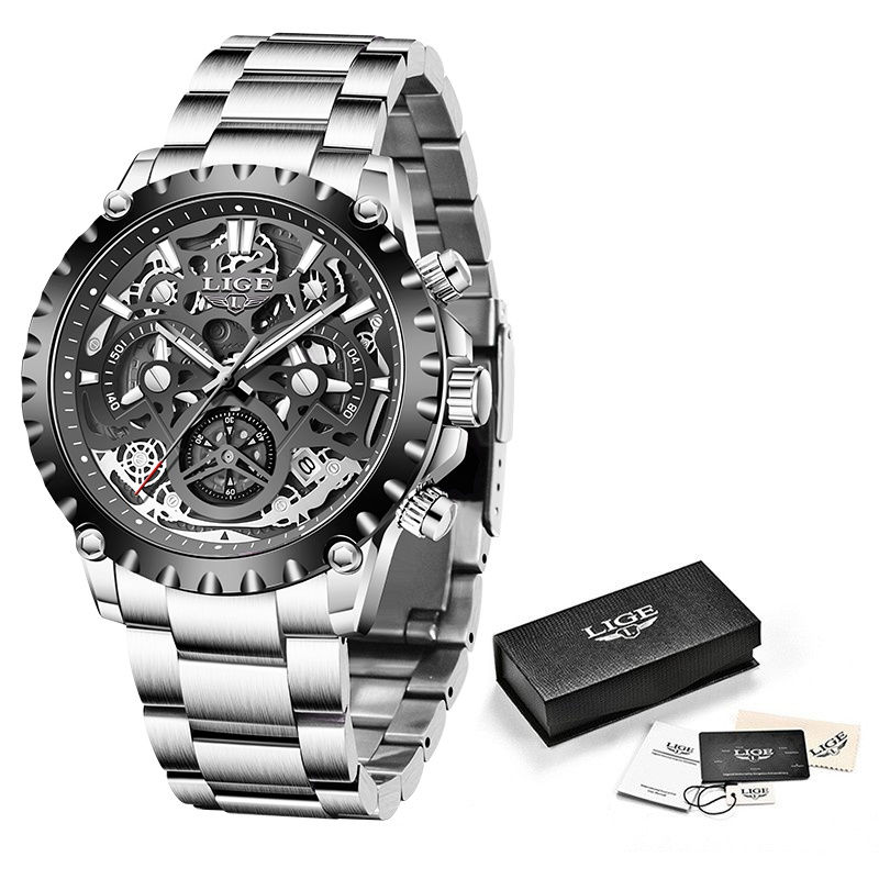 Thumbnail: LIGE 2022 Stainless Steel Hollow Mens Watches Top Brand Sport Waterproof Quartz