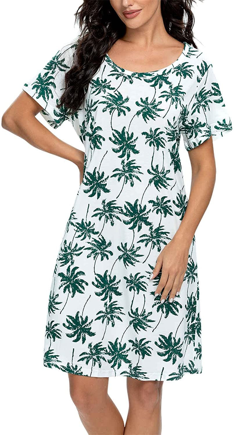 Thumbnail: Womens Nightgowns Short Sleeves Sleepwear Plus Size Casual Soft Printed CrewNec