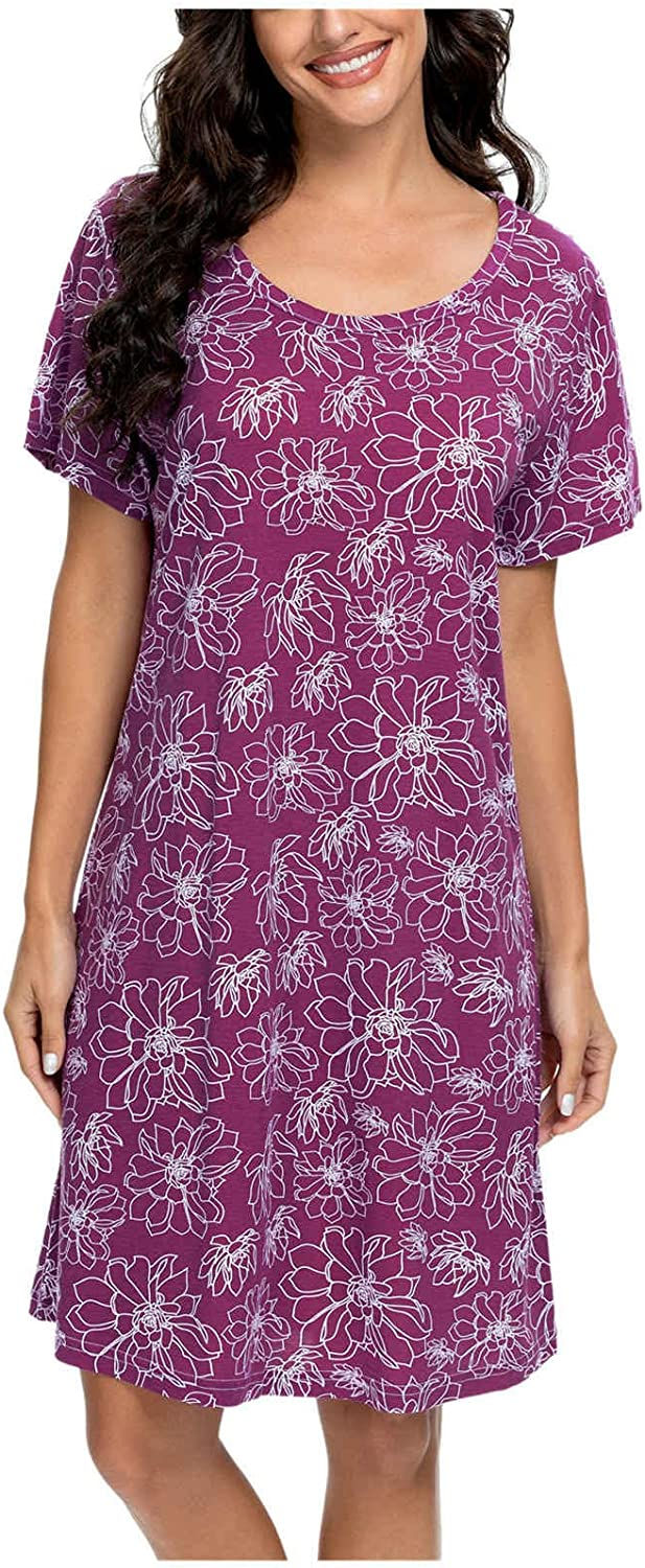 Thumbnail: Womens Nightgowns Short Sleeves Sleepwear Plus Size Casual Soft Printed CrewNec