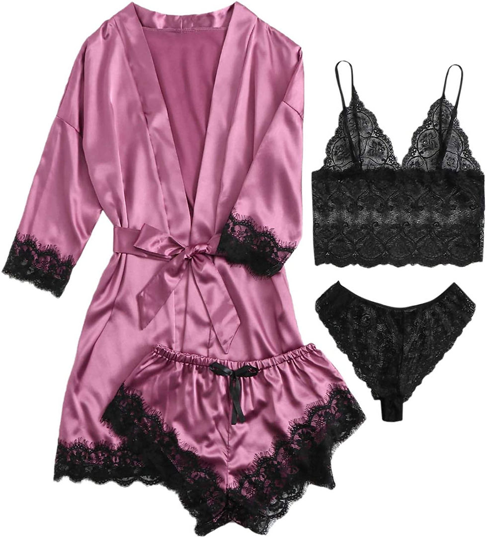 Thumbnail: SOLY HUX Women's Satin Pajama Set 4pcs Floral Lace Trim Cami Lingerie Sleepwear