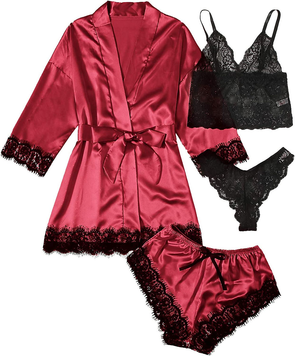 Thumbnail: SOLY HUX Women's Satin Pajama Set 4pcs Floral Lace Trim Cami Lingerie Sleepwear