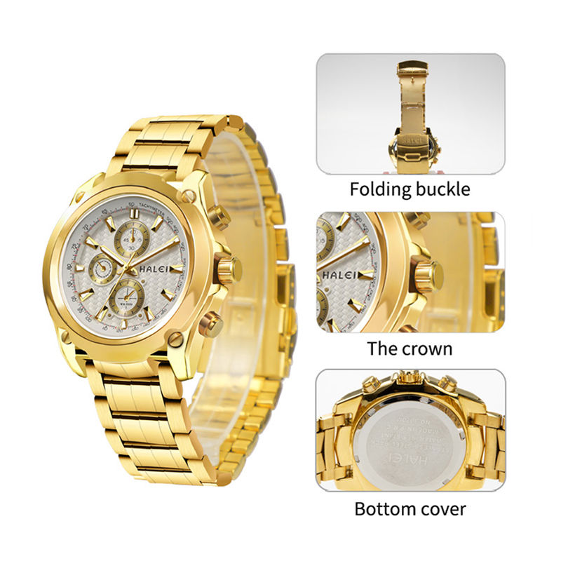 Thumbnail: HALEI 3020 Brand Luxury Mens Watch Temperament Gold Wrist Watch Fashion Trend W