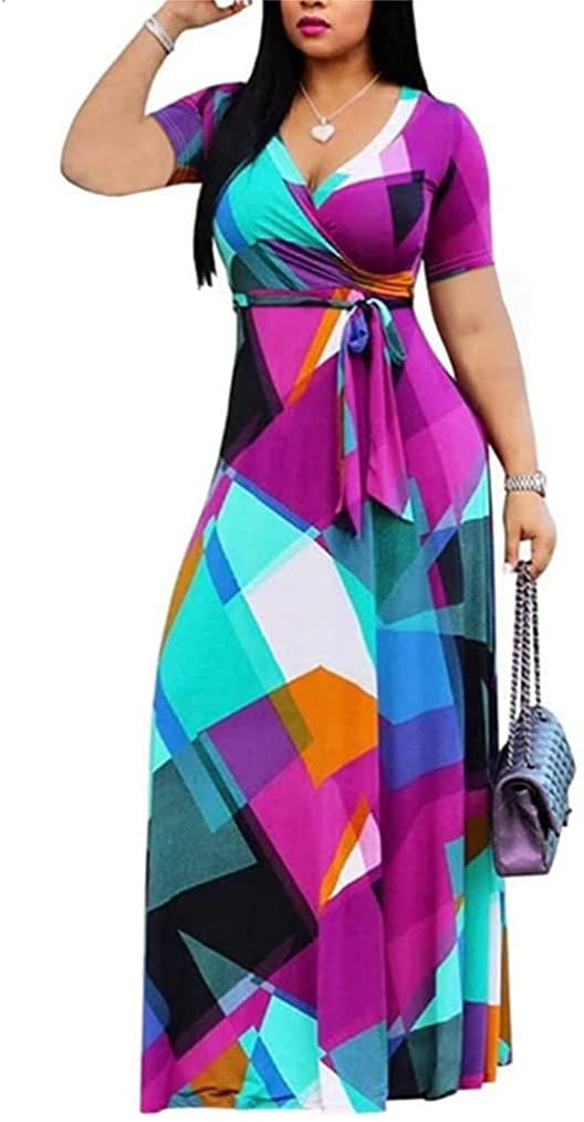 Thumbnail: Locryz Women's V Neck 3/4 Sleeve African Floral Printed Party Loose Long Maxi D
