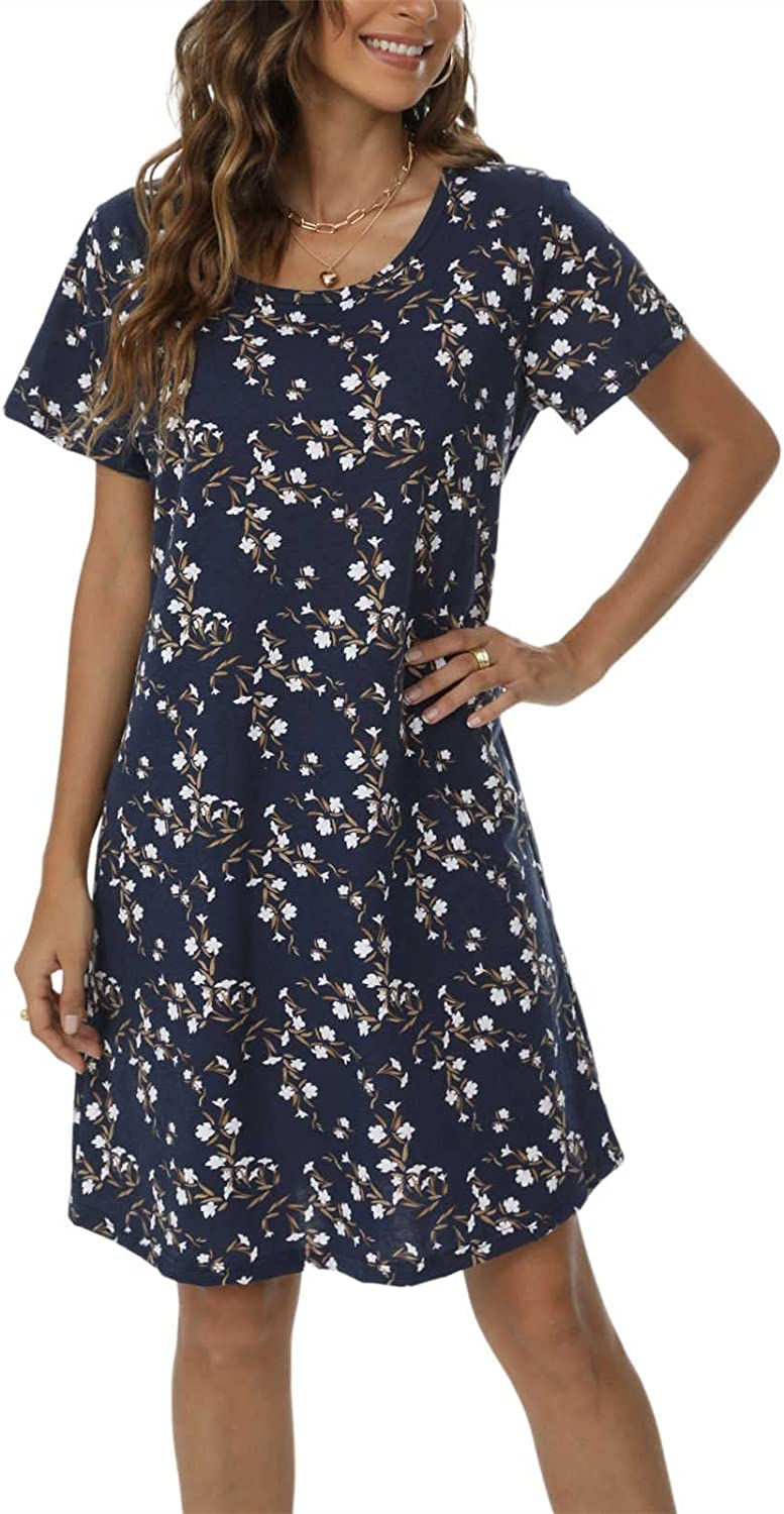 Thumbnail: Womens Nightgowns Short Sleeves Sleepwear Plus Size Casual Soft Printed CrewNec