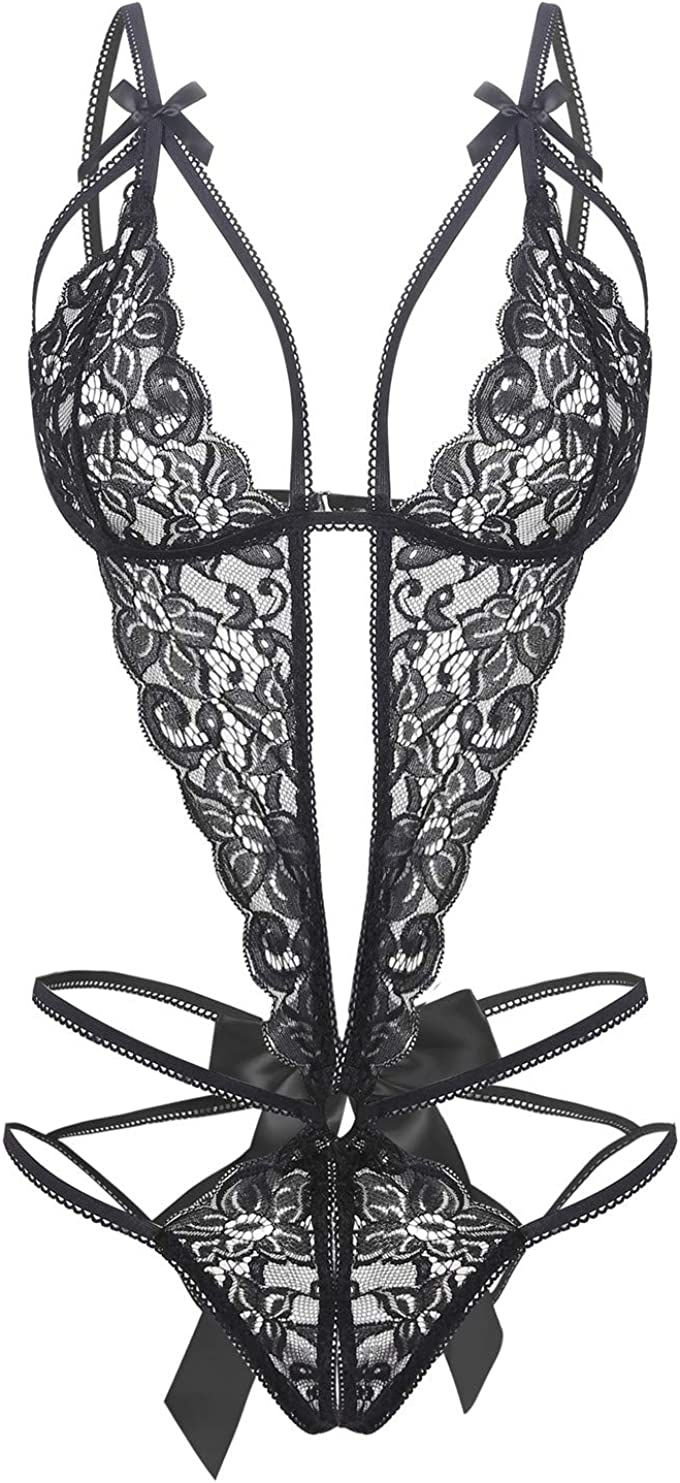 Thumbnail: Donnalla Women's Deep V Lace Teddy One Piece Lingerie Cutout Strappy Lingerie