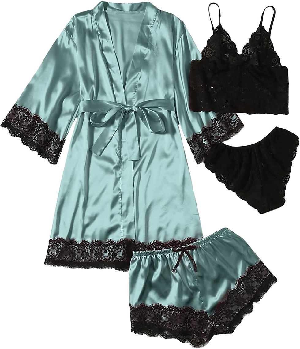 Thumbnail: SOLY HUX Women's Satin Pajama Set 4pcs Floral Lace Trim Cami Lingerie Sleepwear