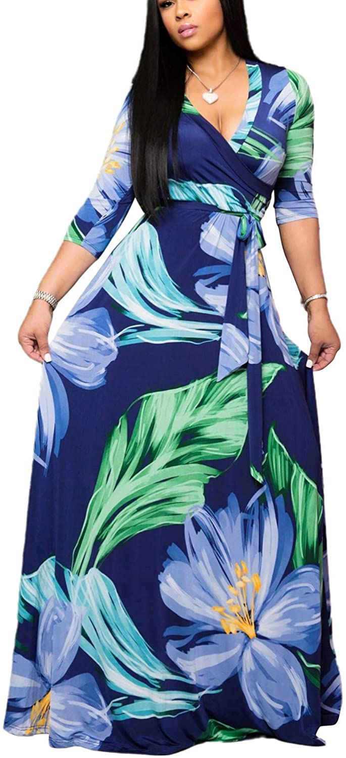 Thumbnail: SheKiss Women's Sexy V Neck Floral Long Sleeves Maxi Dresses Casual Loose Party
