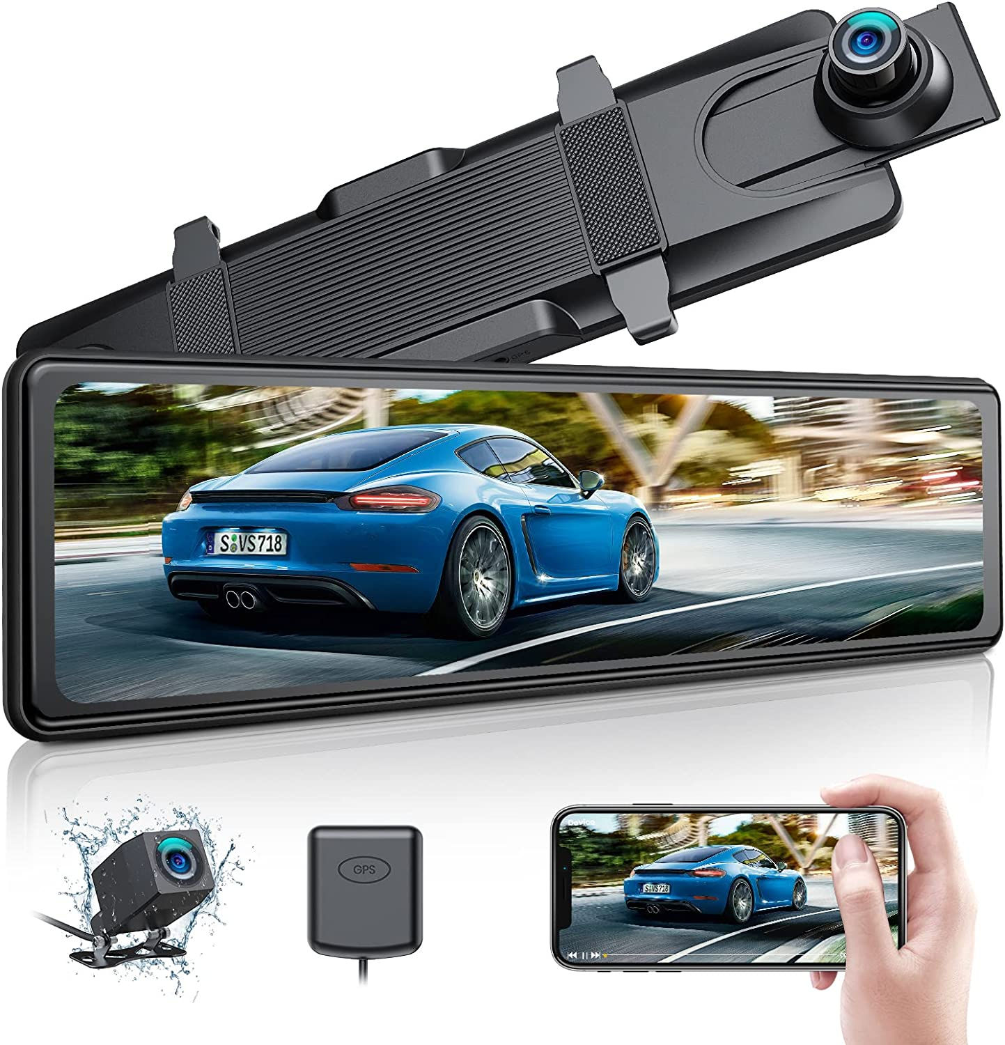 4K Mirror Dash Cam with GPS WiFi,12" Voice Control Touch Screen Dash Cam Front