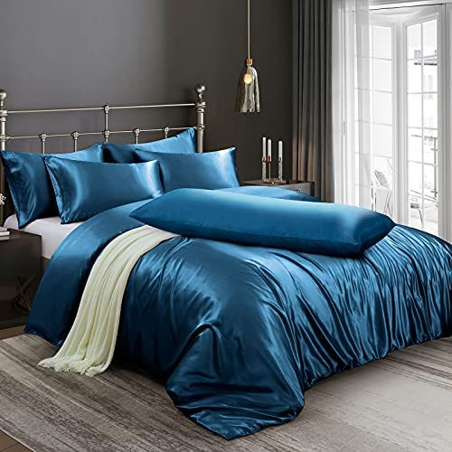Thumbnail: Ersmak 6 Pieces Satin Duvet Cover Full/Queen Size Luxury Silky Bedding Duvet Co