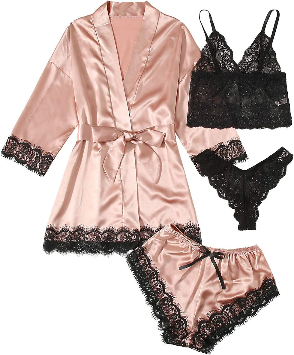 Thumbnail: SOLY HUX Women's Satin Pajama Set 4pcs Floral Lace Trim Cami Lingerie Sleepwear