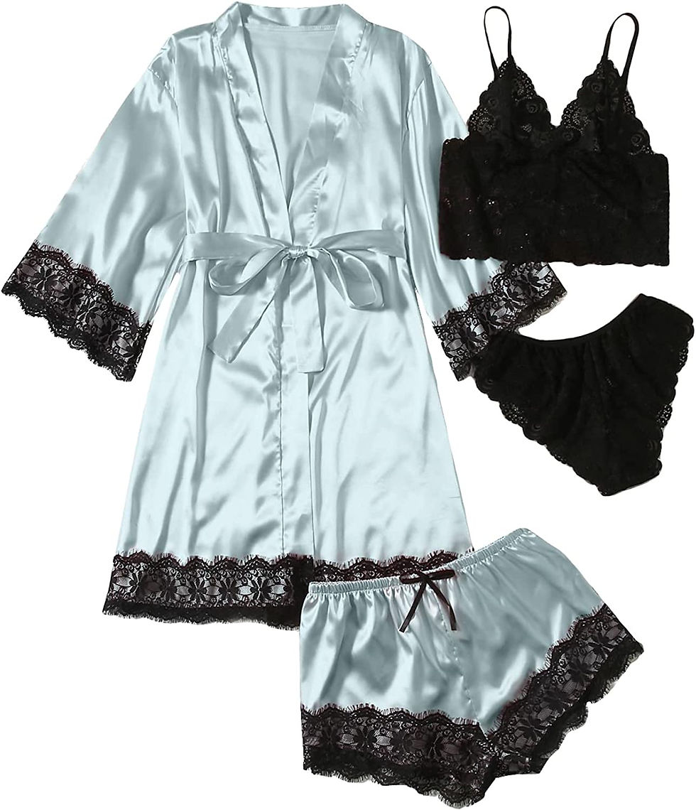 Thumbnail: SOLY HUX Women's Satin Pajama Set 4pcs Floral Lace Trim Cami Lingerie Sleepwear