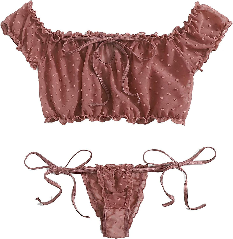 Thumbnail: SheIn Women's Self Tie Ruffle Trim Dobby Mesh Lingerie Set Sexy Bra and Panty