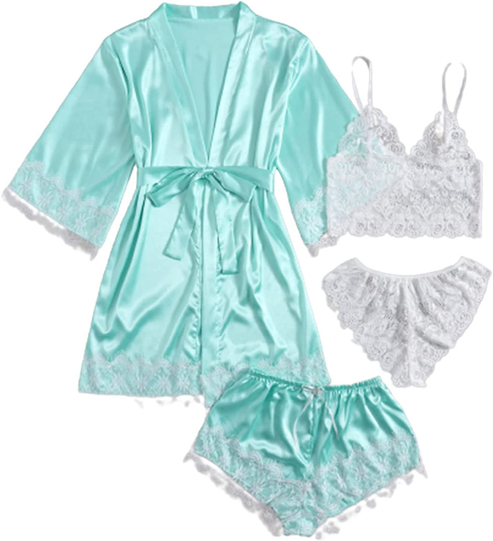 Thumbnail: SOLY HUX Women's Satin Pajama Set 4pcs Floral Lace Trim Cami Lingerie Sleepwear