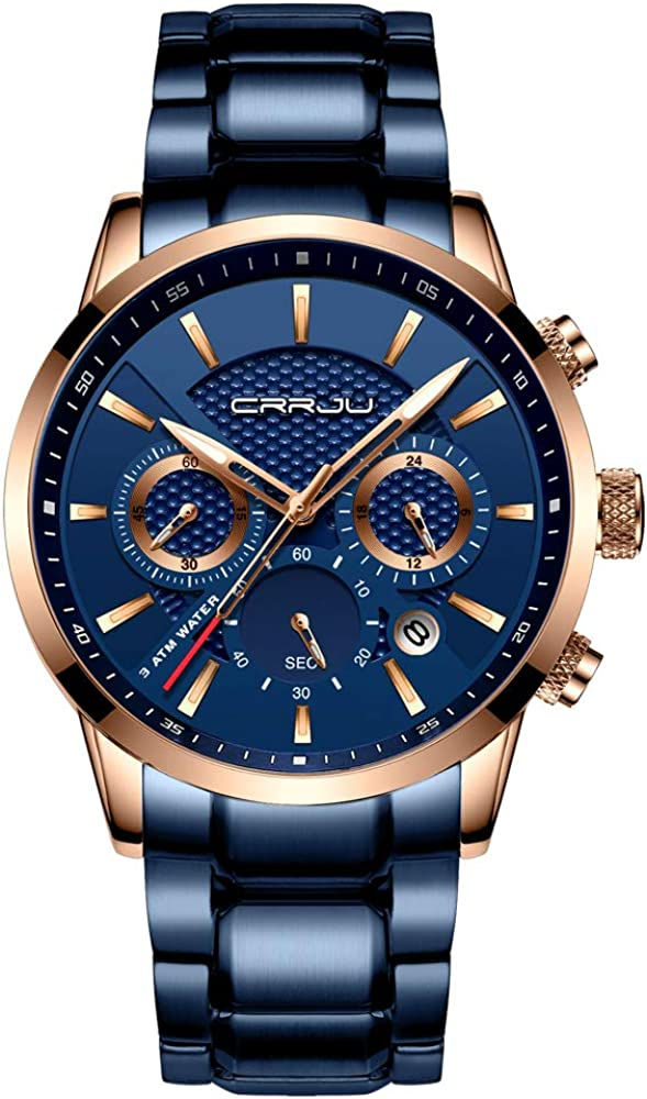 Thumbnail: CRRJU Brand Men's Business Casual Chronograph Quartz Waterproof Wristwatch Blac