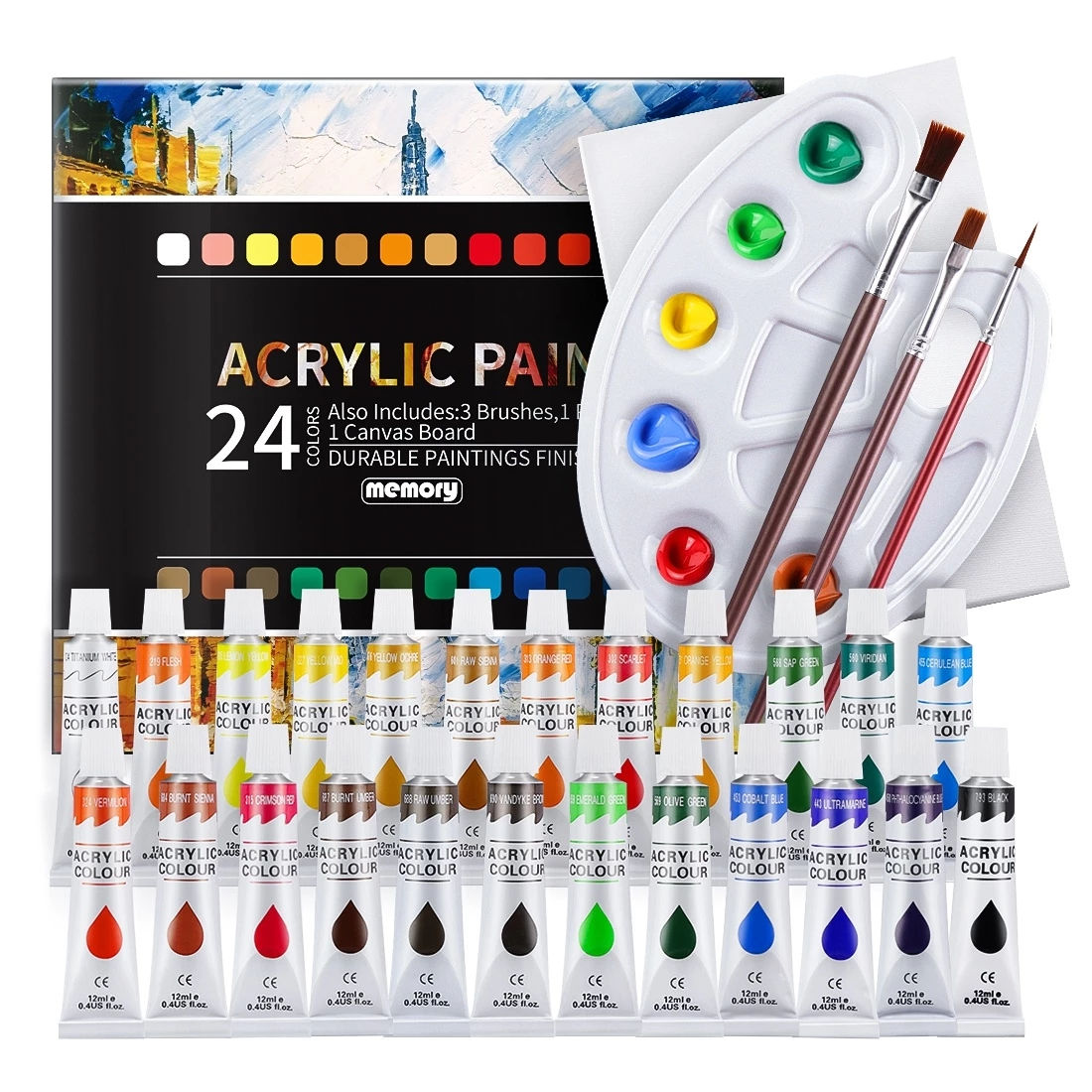 24 Colors Acrylic Paints Set with 3 Brushes 1 Palette & 1 Canvas 