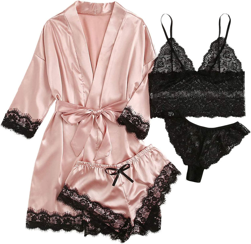 Thumbnail: SOLY HUX Women's Satin Pajama Set 4pcs Floral Lace Trim Cami Lingerie Sleepwear