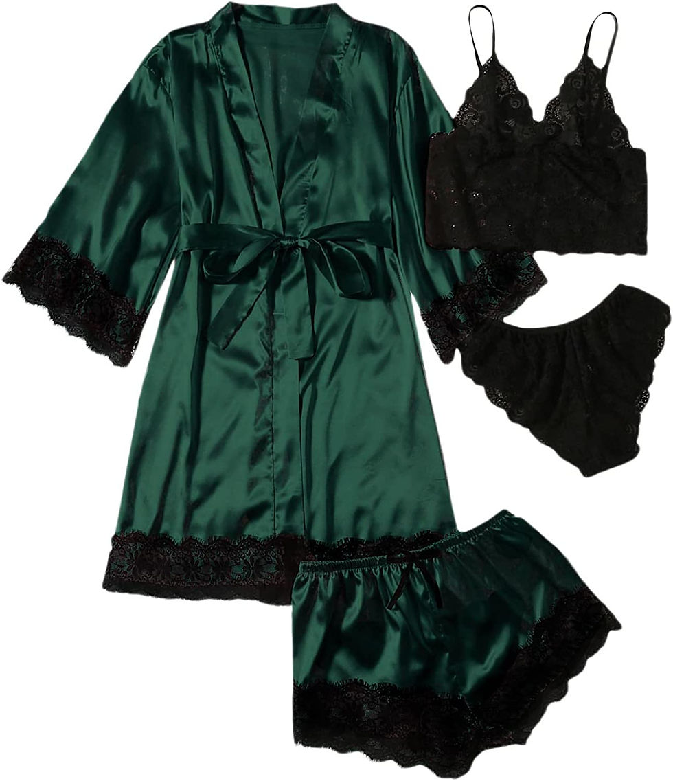 Thumbnail: SOLY HUX Women's Satin Pajama Set 4pcs Floral Lace Trim Cami Lingerie Sleepwear