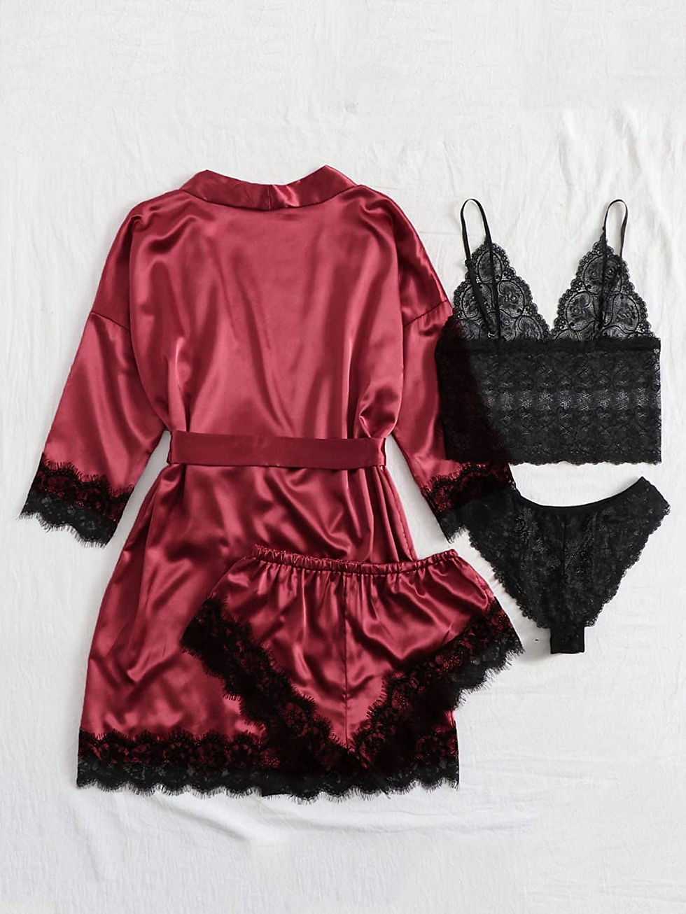 Thumbnail: SOLY HUX Women's Satin Pajama Set 4pcs Floral Lace Trim Cami Lingerie Sleepwear