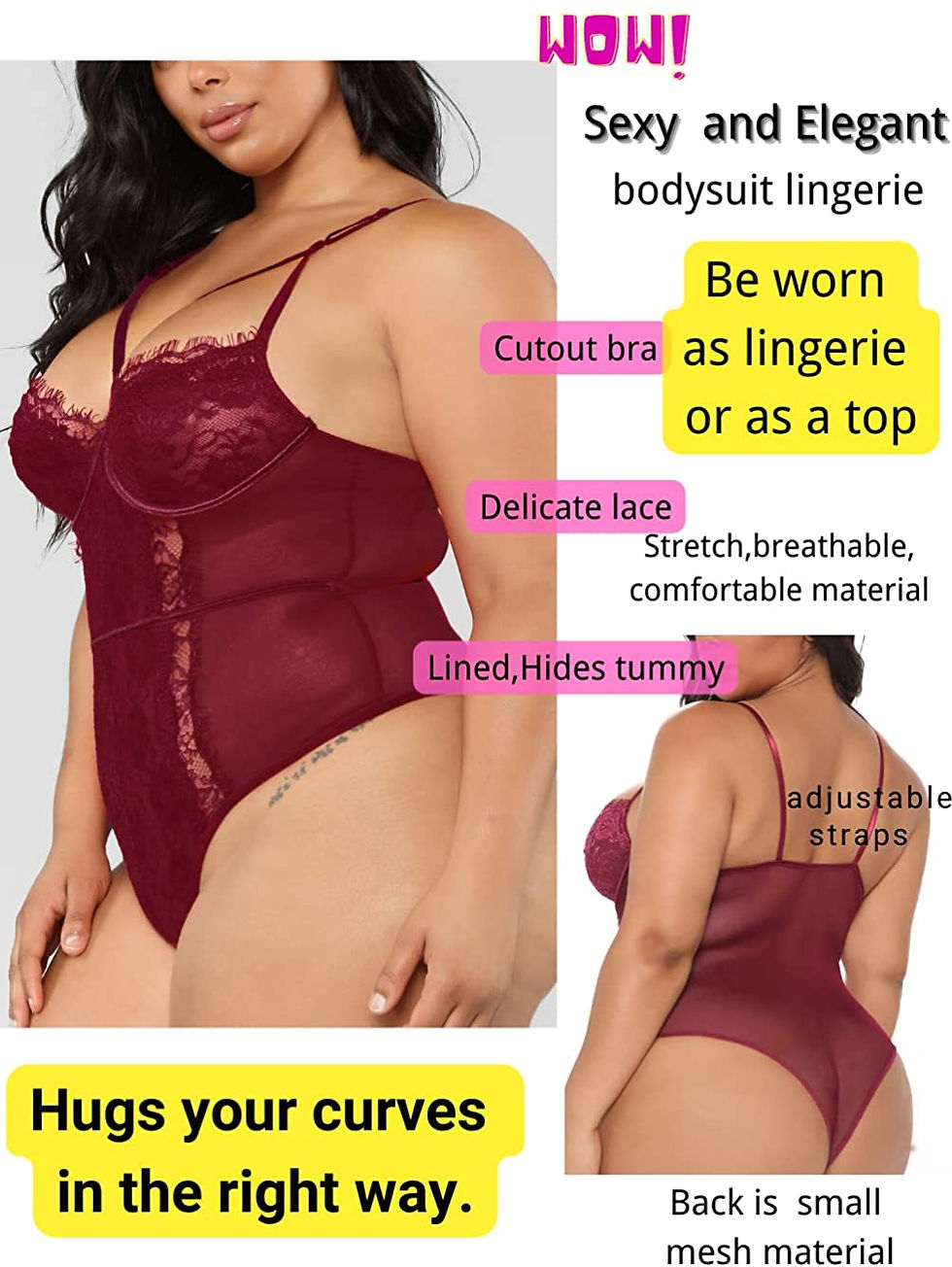 الصورة المصغرة: Kaei&Shi Plus Size Lingerie For Women,Sheer Lace Sexy V Neck Bodysuit,Eyelash O