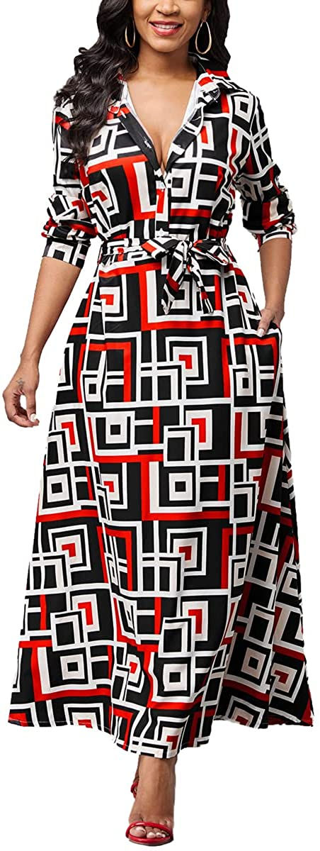 Thumbnail: MsavigVice Maxi Dresses for Women Button Down with Pockets Long Dress Casual V 