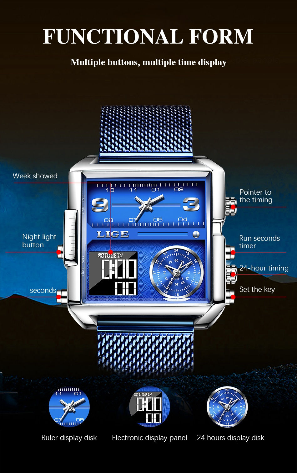 サムネイル： LIGE 2021 New Fashion Square Electronic Digital Watches Top Brand Luxury Ultra-