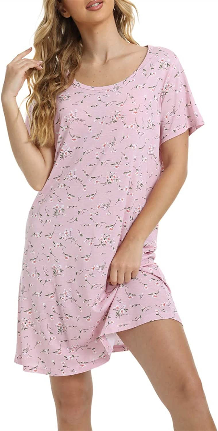 Thumbnail: Womens Nightgowns Short Sleeves Sleepwear Plus Size Casual Soft Printed CrewNec