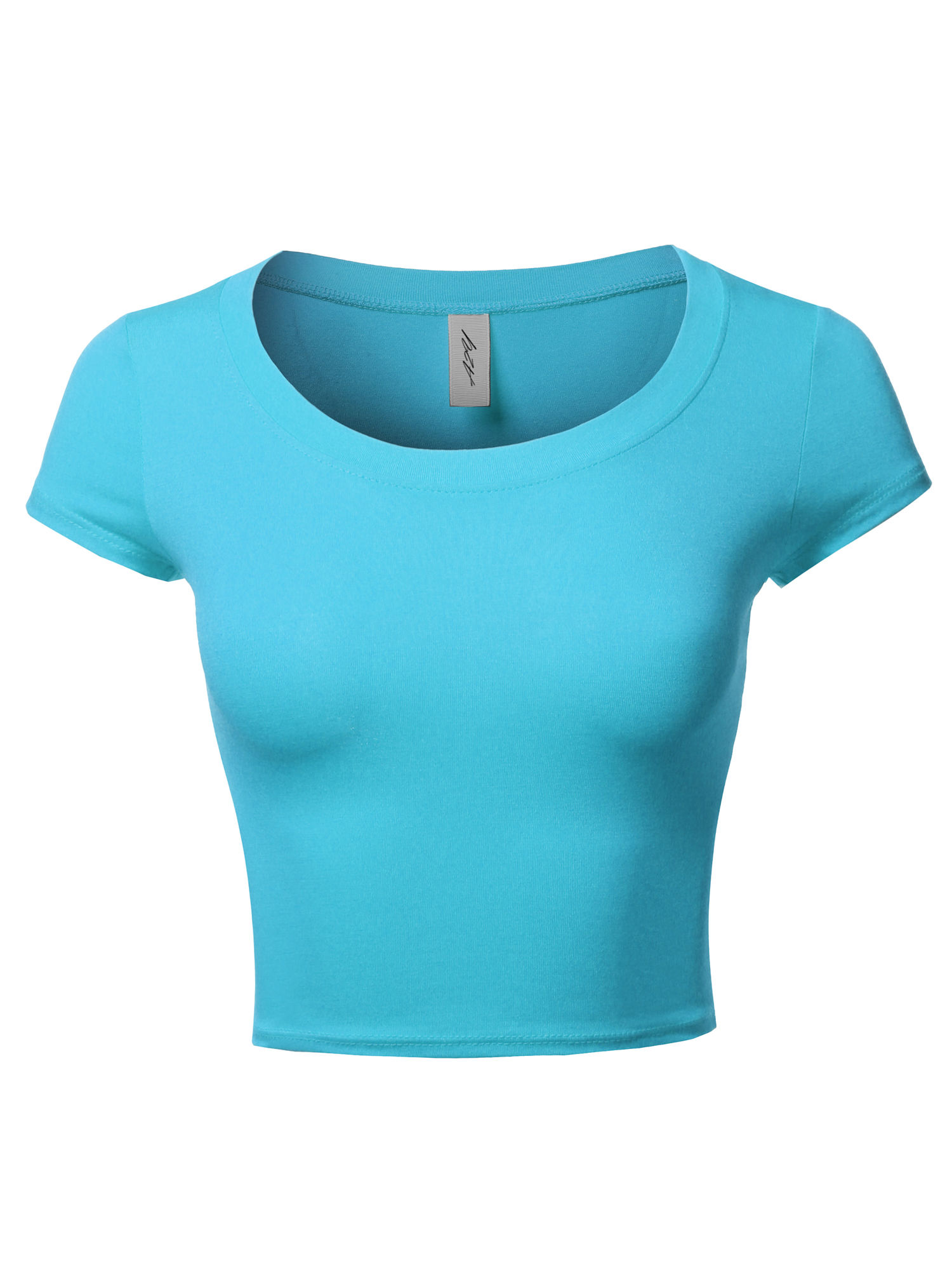 A2Y Women's Basic Solid Printed Scoop Neck Cap Sleeve Fitted Crop Rayon Top Tee
