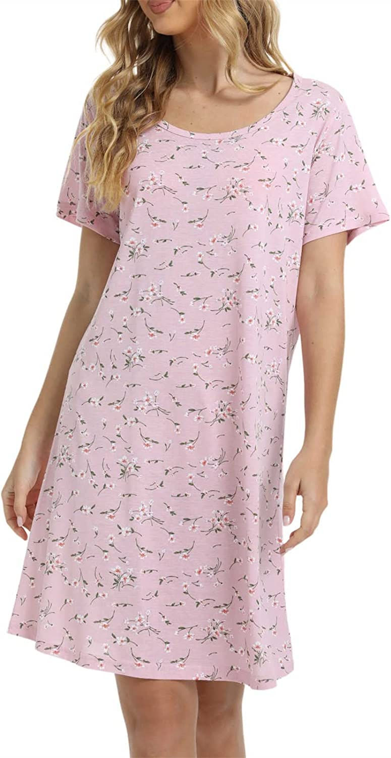 Thumbnail: Womens Nightgowns Short Sleeves Sleepwear Plus Size Casual Soft Printed CrewNec