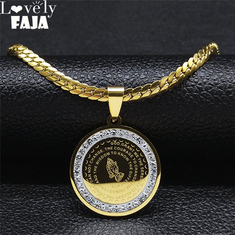 Миниатюра: Crystal Stainless Steel Bible Folded Hands in Prayer Chain Necklaces Men Gold C