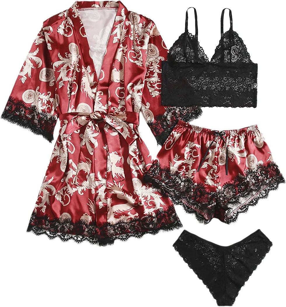 Thumbnail: SOLY HUX Women's Satin Pajama Set 4pcs Floral Lace Trim Cami Lingerie Sleepwear