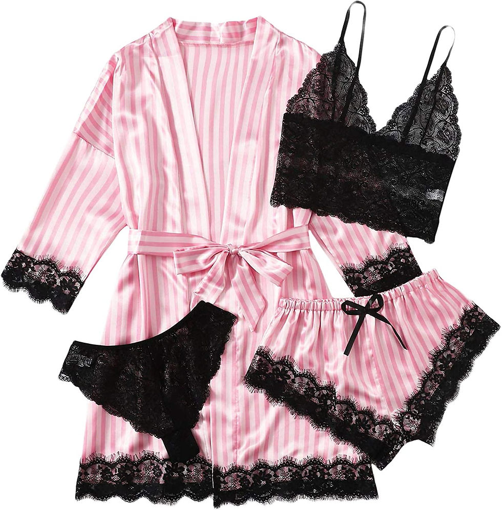 Thumbnail: SOLY HUX Women's Satin Pajama Set 4pcs Floral Lace Trim Cami Lingerie Sleepwear