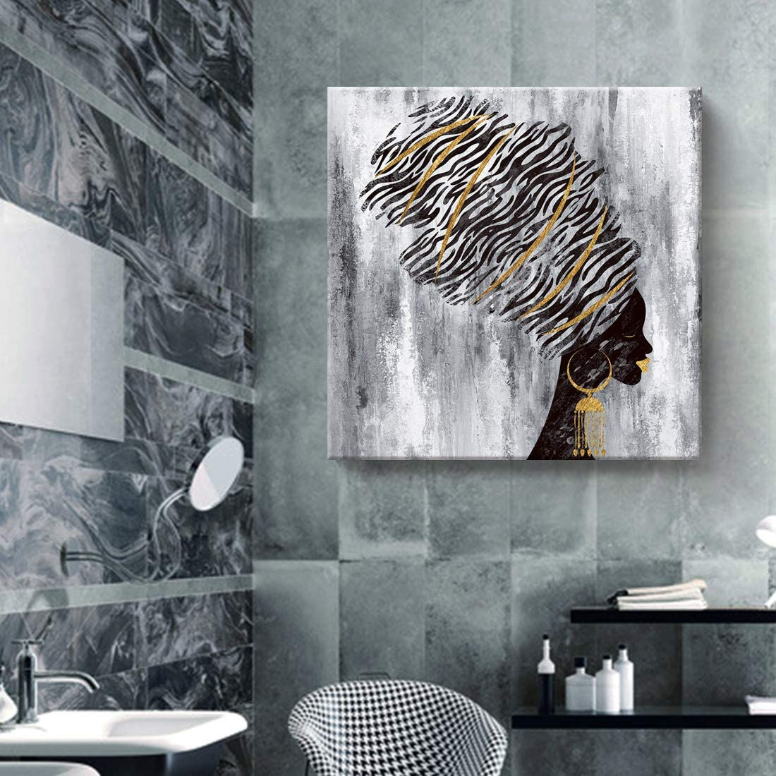 Framed African American Wall Art Fashion Women Portrait Gold and Black Canvas P