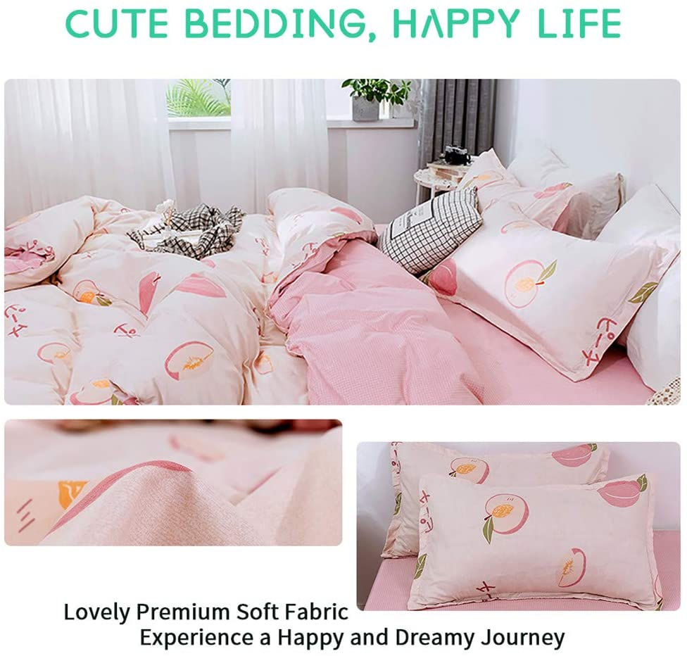 الصورة المصغرة: Xiongfeng Kids Duvet Cover Set Queen Size Girls Peach Fruit Printed Blush Pink 