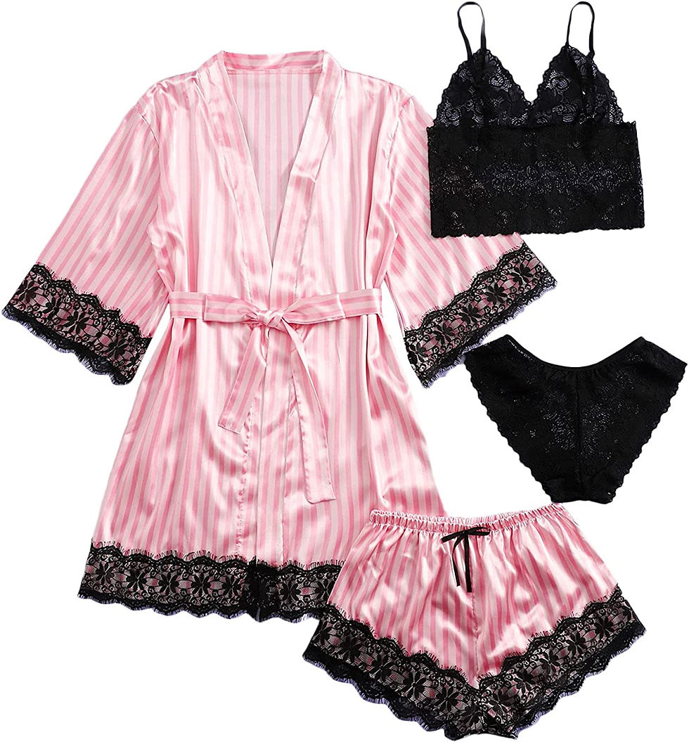 Thumbnail: SOLY HUX Women's Satin Pajama Set 4pcs Floral Lace Trim Cami Lingerie Sleepwear