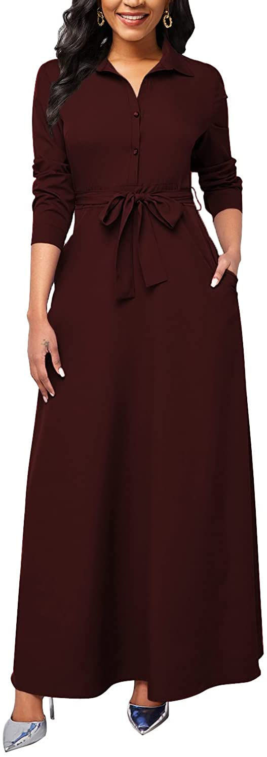 Thumbnail: MsavigVice Maxi Dresses for Women Button Down with Pockets Long Dress Casual V 
