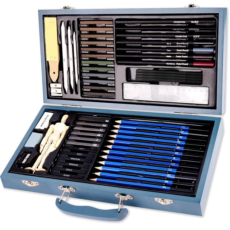 Thumbnail: 60 pieces charcoal pencil wooden man ruler sketch tool wooden box drawing set