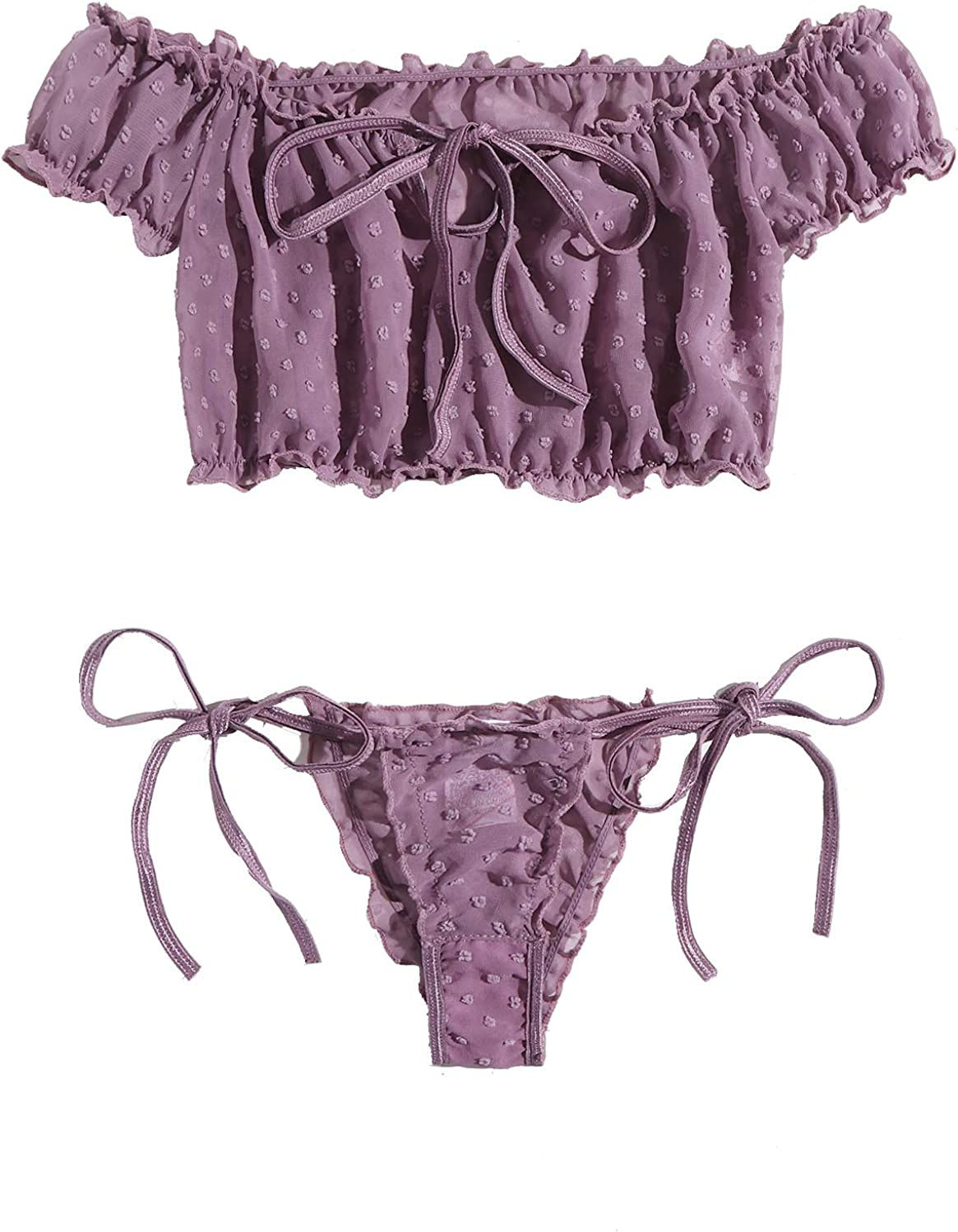 SheIn Women's Self Tie Ruffle Trim Dobby Mesh Lingerie Set Sexy Bra and Panty