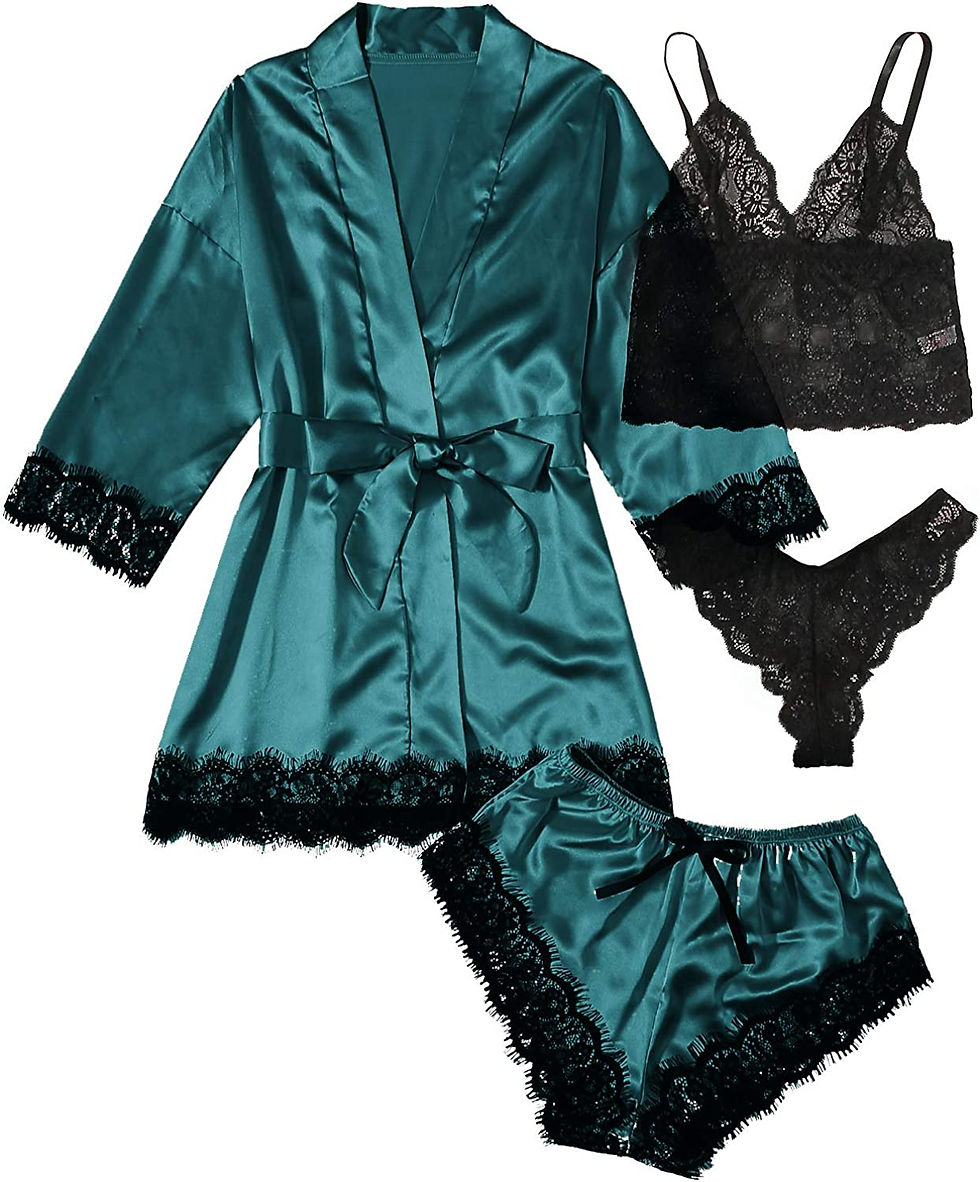 Thumbnail: SOLY HUX Women's Satin Pajama Set 4pcs Floral Lace Trim Cami Lingerie Sleepwear