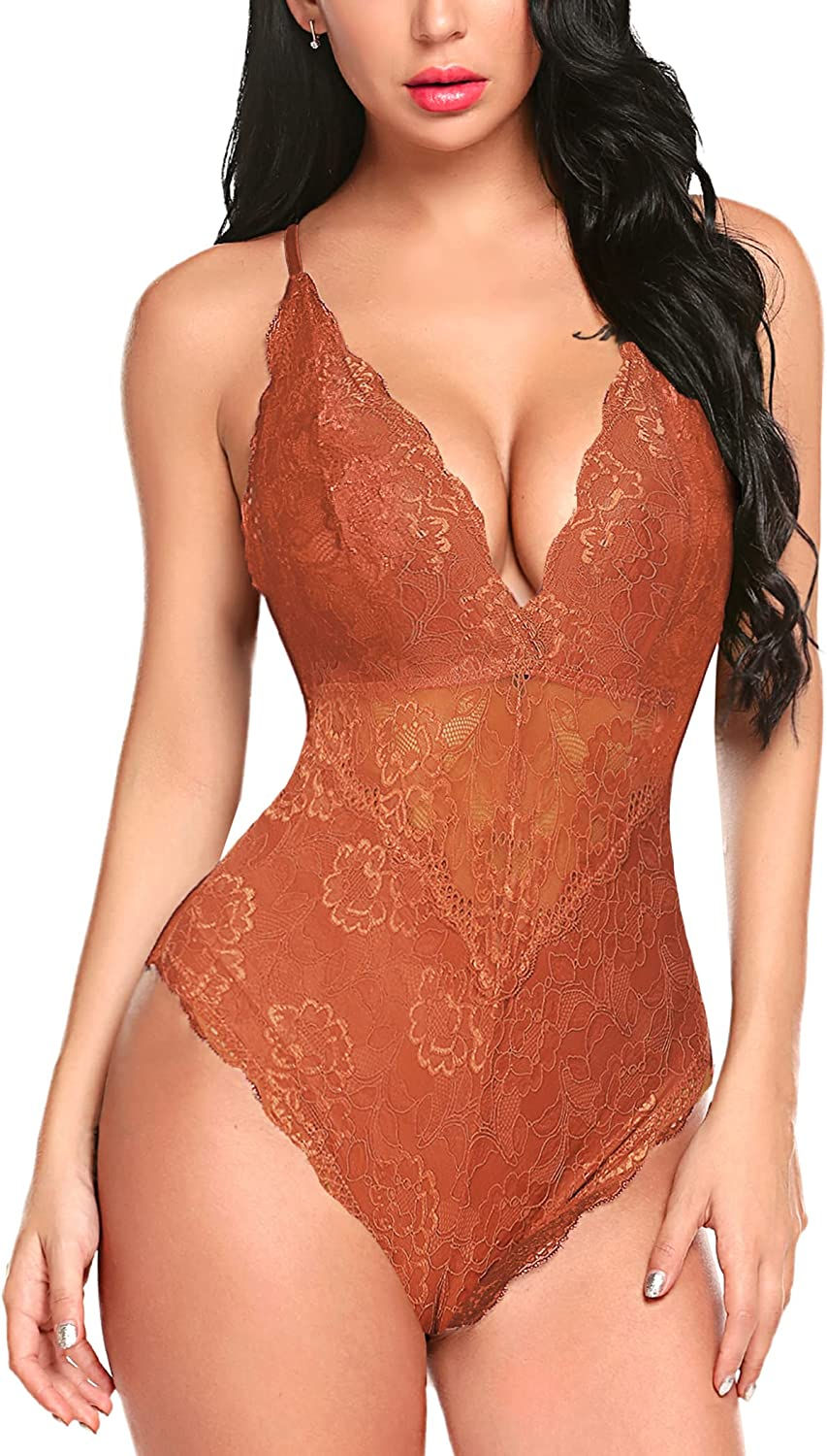 Thumbnail: Avidlove Women Snap Crotch Lingerie Sexy Lace Bodysuit Deep V Teddy One Piece L