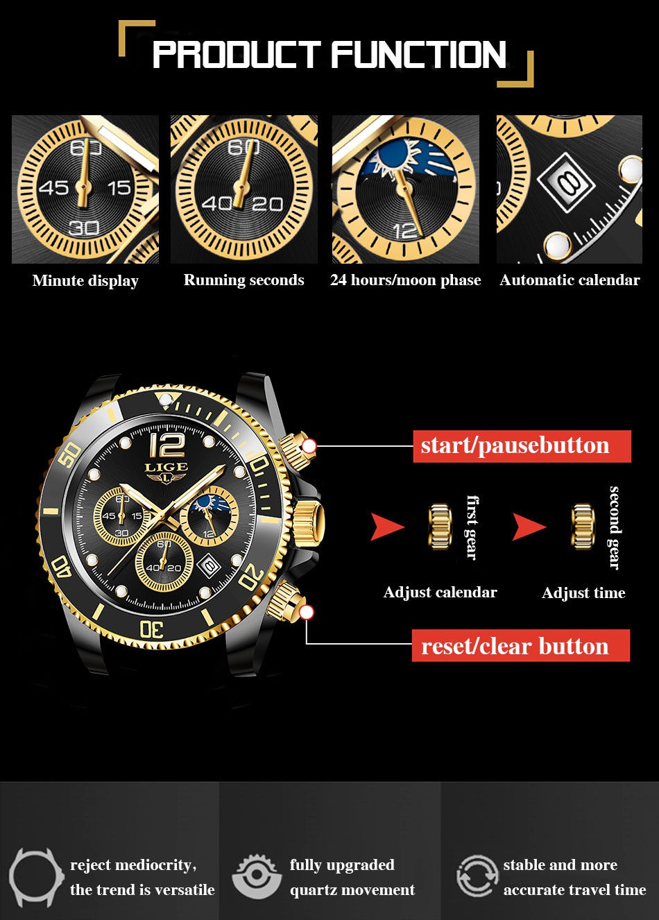 Thumbnail: LIGE Watches Mens Top Brand Luxury Clock Casual Stainless Steel 24Hour Moon Pha