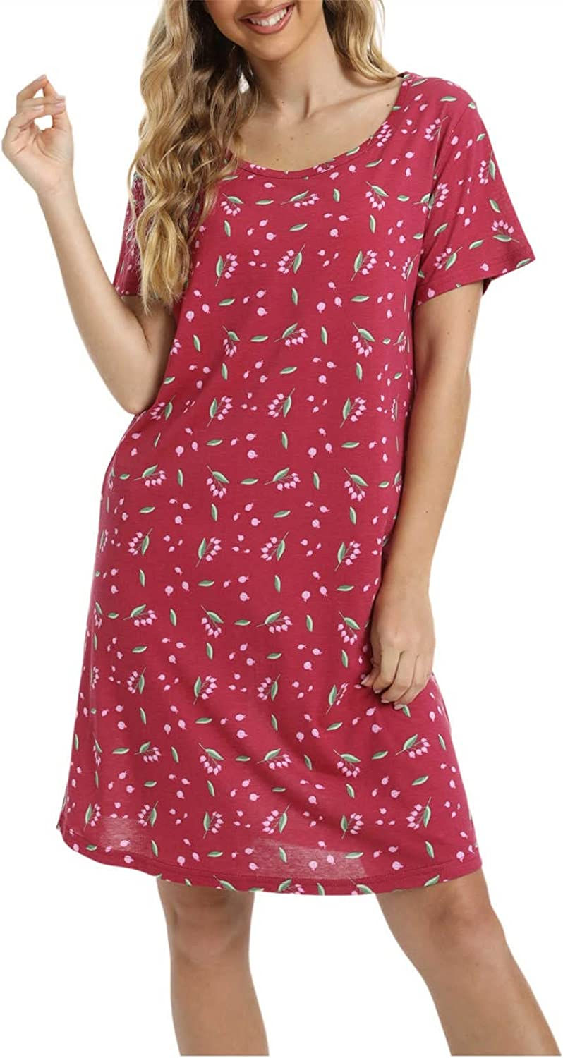 Thumbnail: Womens Nightgowns Short Sleeves Sleepwear Plus Size Casual Soft Printed CrewNec