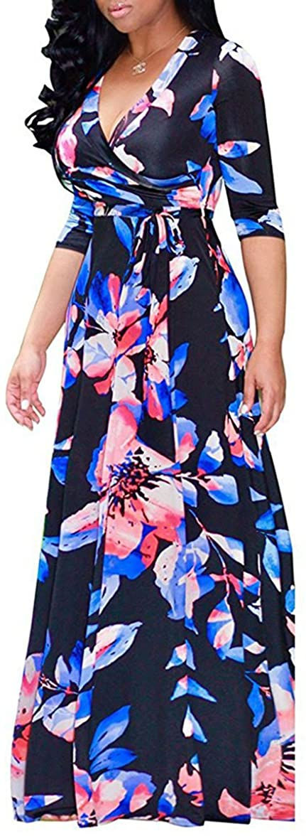 Thumbnail: Locryz Women's V Neck 3/4 Sleeve African Floral Printed Party Loose Long Maxi D