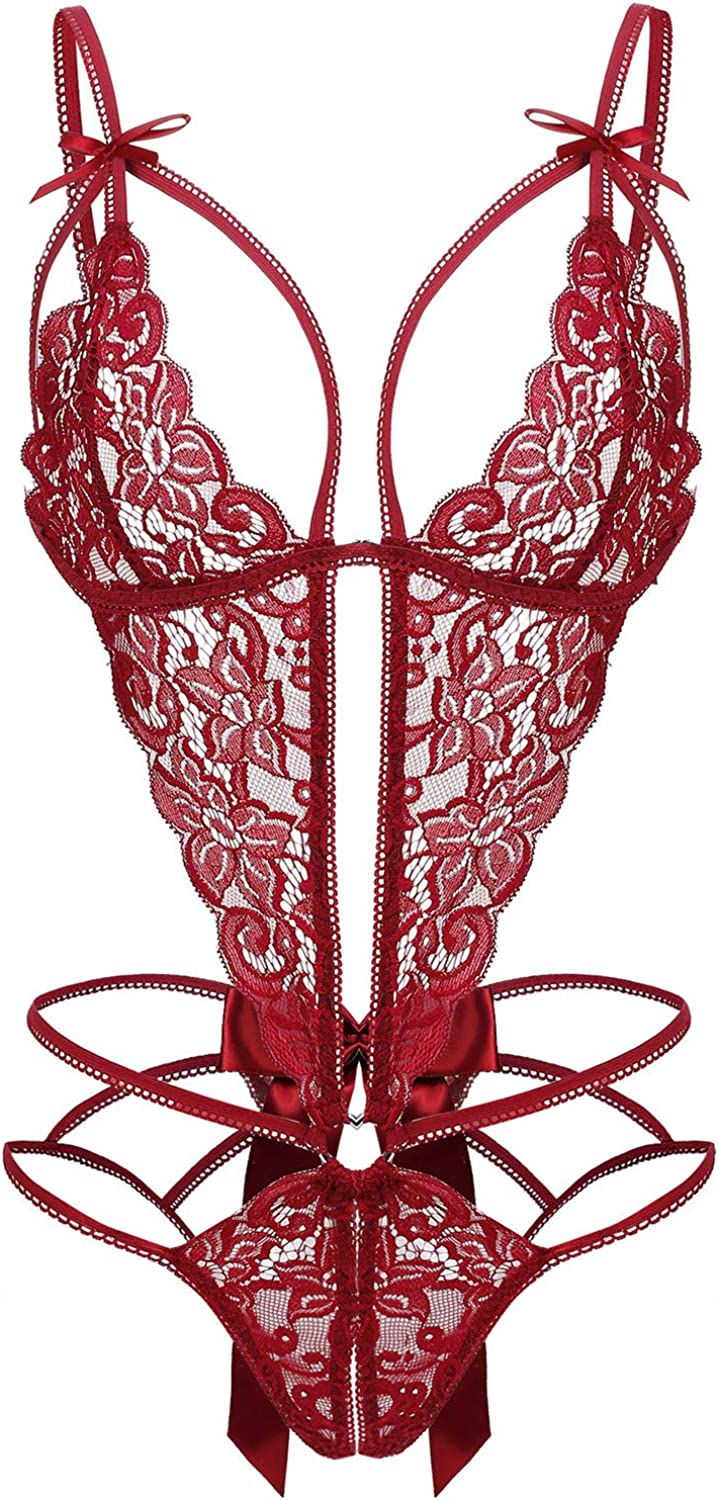 Thumbnail: Donnalla Women's Deep V Lace Teddy One Piece Lingerie Cutout Strappy Lingerie