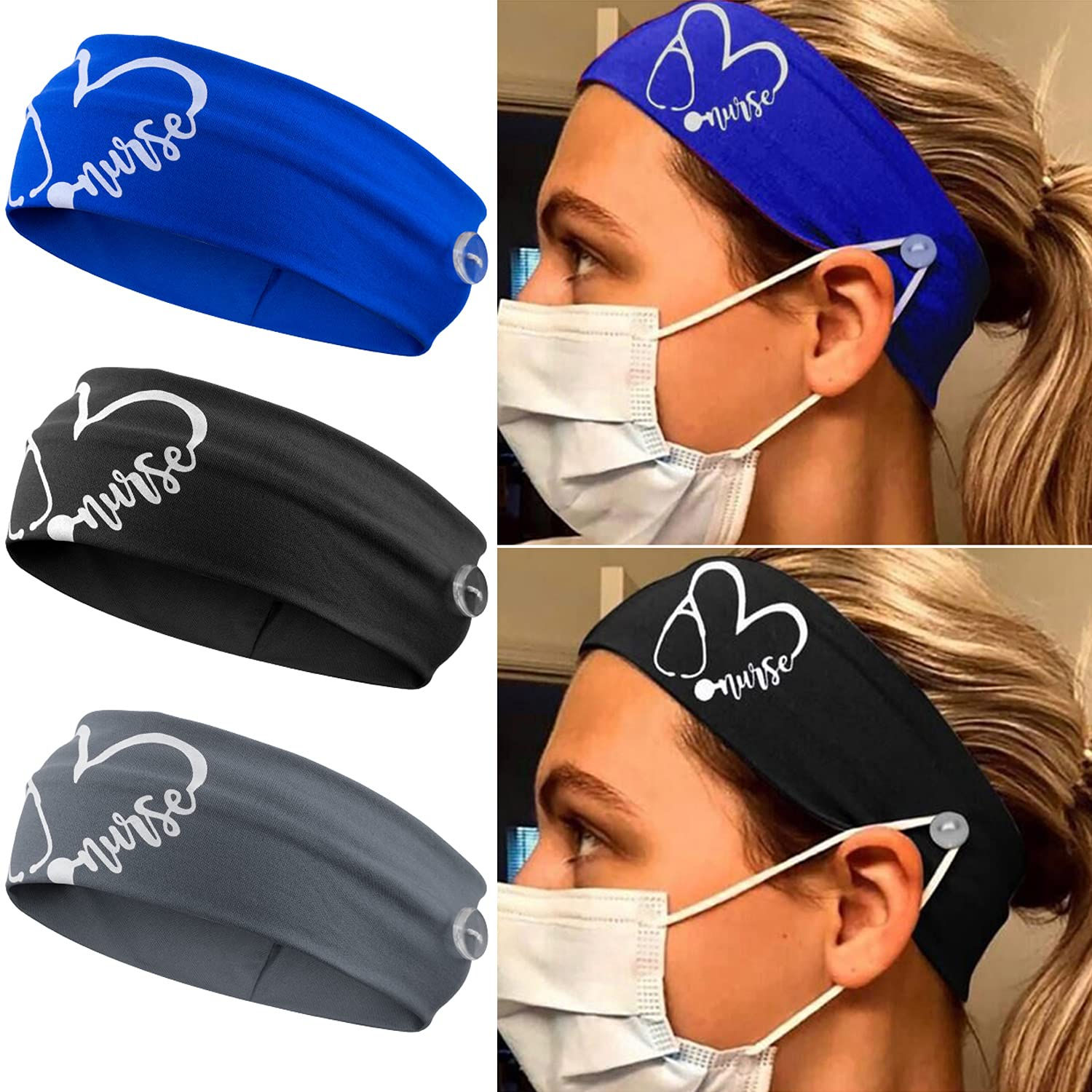 3 Packs Nurse Headbands with Buttons, Face Cover Holder, Reduce Ear Pain, Elast
