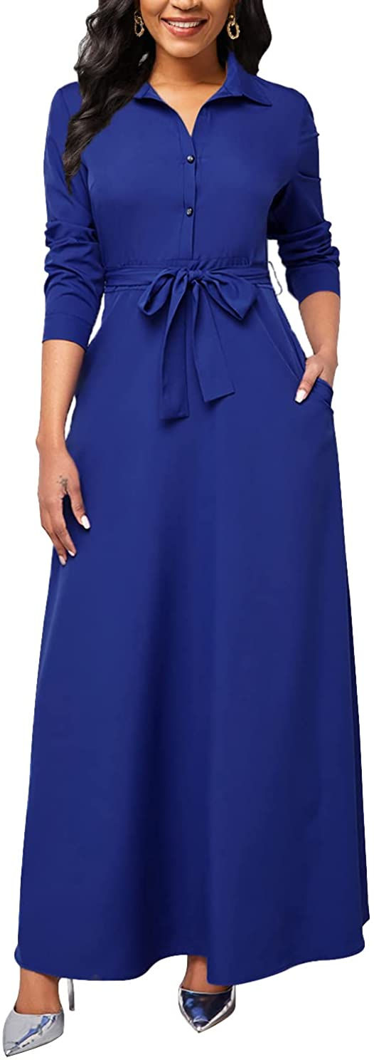 Thumbnail: MsavigVice Maxi Dresses for Women Button Down with Pockets Long Dress Casual V 
