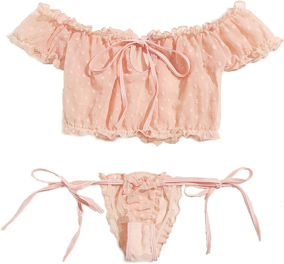 Thumbnail: SheIn Women's Self Tie Ruffle Trim Dobby Mesh Lingerie Set Sexy Bra and Panty