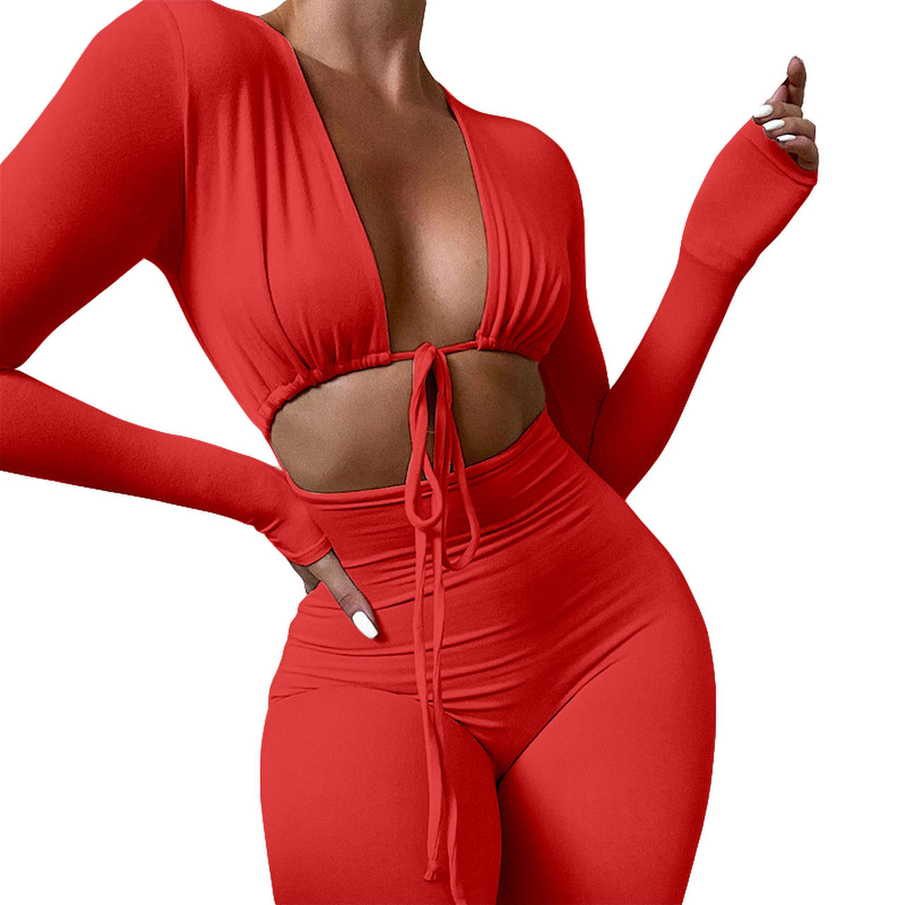 New Trend Deep V Neck Solid Color Long Sleeve Jumpsuits Custom Logo Women Sexy 