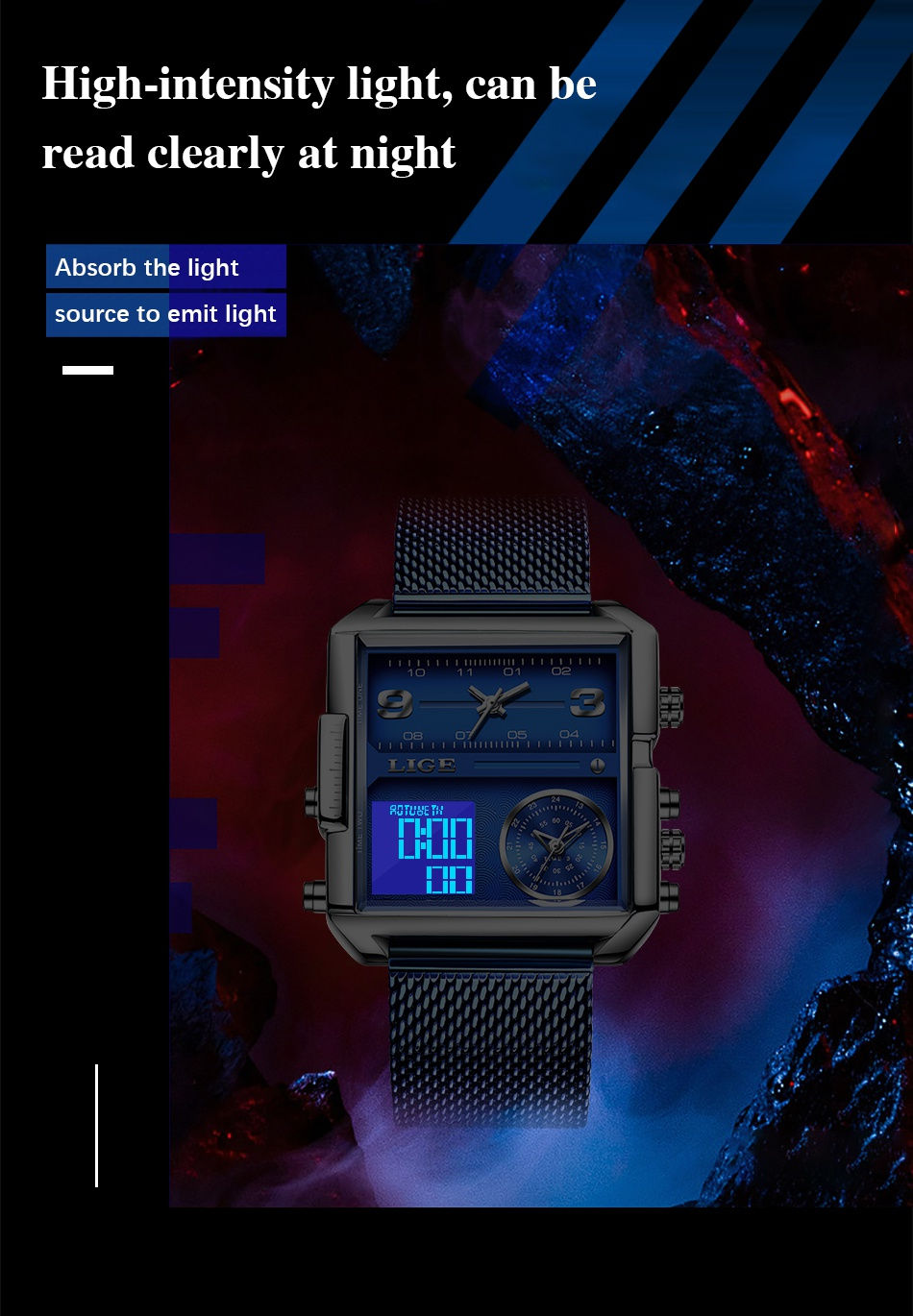 サムネイル： LIGE 2021 New Fashion Square Electronic Digital Watches Top Brand Luxury Ultra-