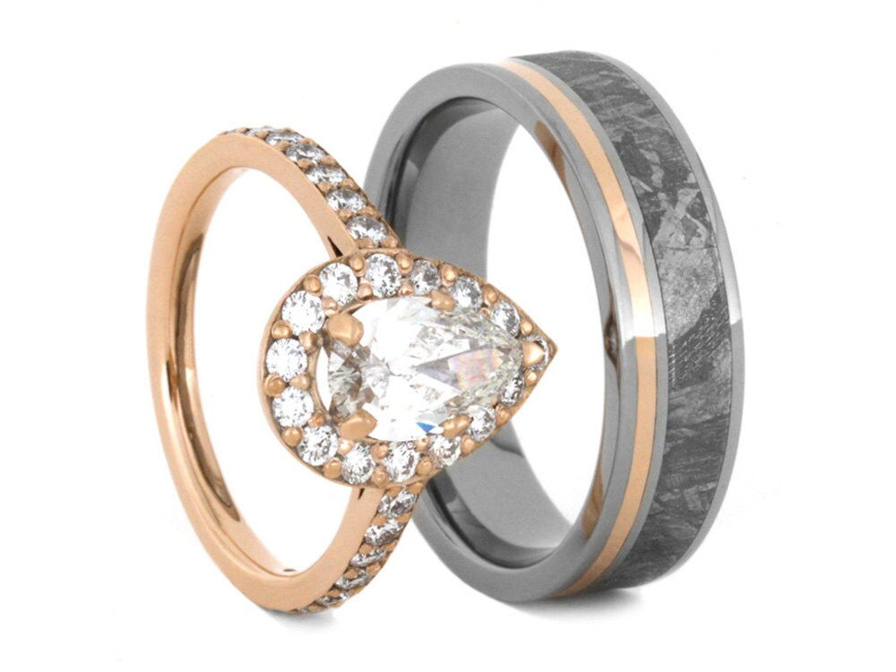 Rose Gold Wedding Ring Set, Pear Shaped Moissanite Engagement Ring With Meteori