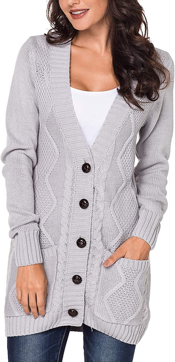 Miniature : Uniarmoire Women Long Sleeve Pocket Knit Cardigans Button Cable Sweater Coat